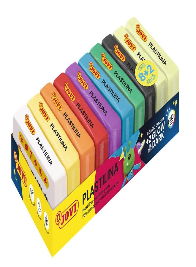 Jovi - Glow in The Dark, Non Drying Modeling Clay, Endlessly Reusable Plasticine, Set of 10 Bars (8 Basic Color + 2 Glow in The Dark), Each 1.75oz, for Arts and Crafts Projects - Image 1