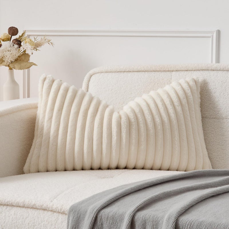 UGS UGASA UGASA Lumbar Throw Pillow Cover 12x20 Inch Set of 1 Super Soft Faux Fur Decorative Pillow Case Plush Flannel Texture Accent Rectangle Pillowcase for Sofa Couch Living Room Chair, Cream White - Image 1