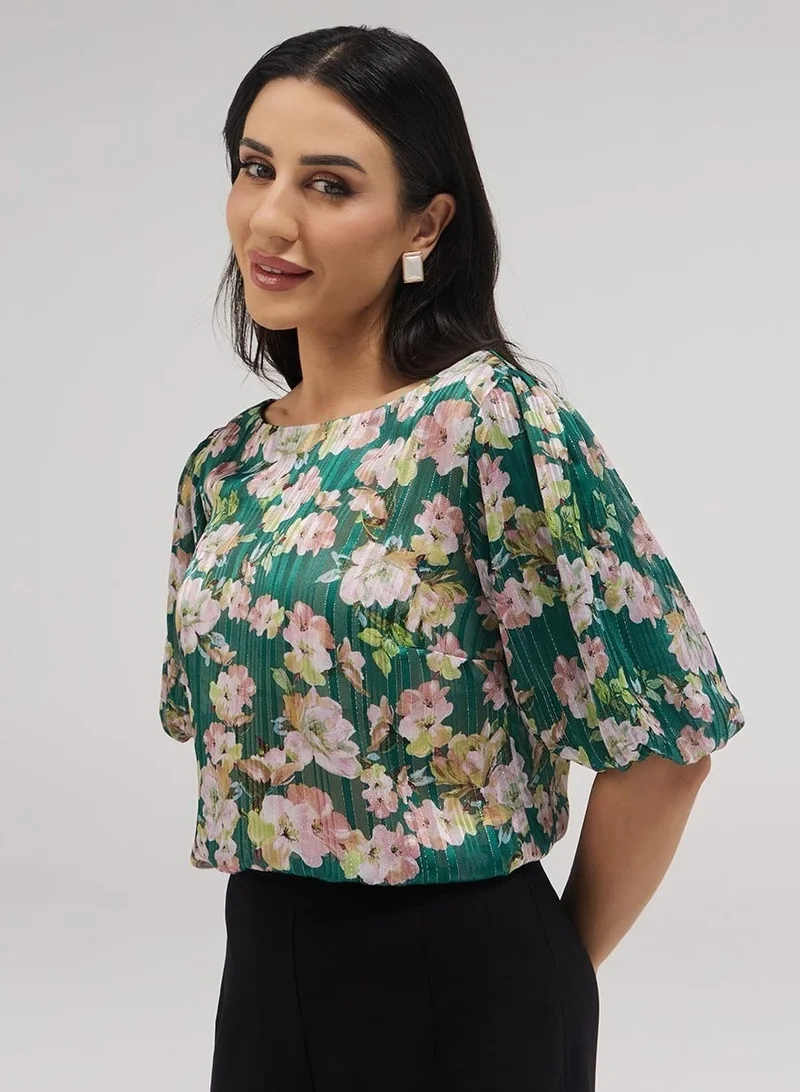 Zigzag Wide Neck Crushed Chiffon Green Top