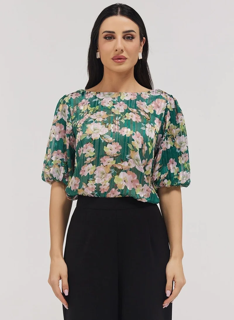 Zigzag Wide Neck Crushed Chiffon Green Top