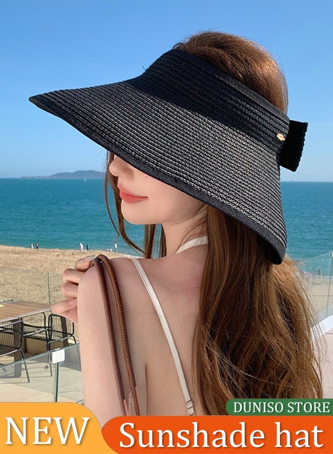 DUNISO Women Sun Visor Hats Beach Foldable Roll Up Wide Brim Bowknot Summer Straw Hat Cap Cruise Wear Black For Womens - Image 1