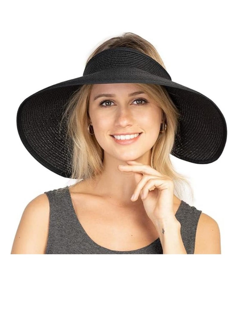 DUNISO Women Sun Visor Hats Beach Foldable Roll Up Wide Brim Bowknot Summer Straw Hat Cap Cruise Wear Black For Womens - Image 2