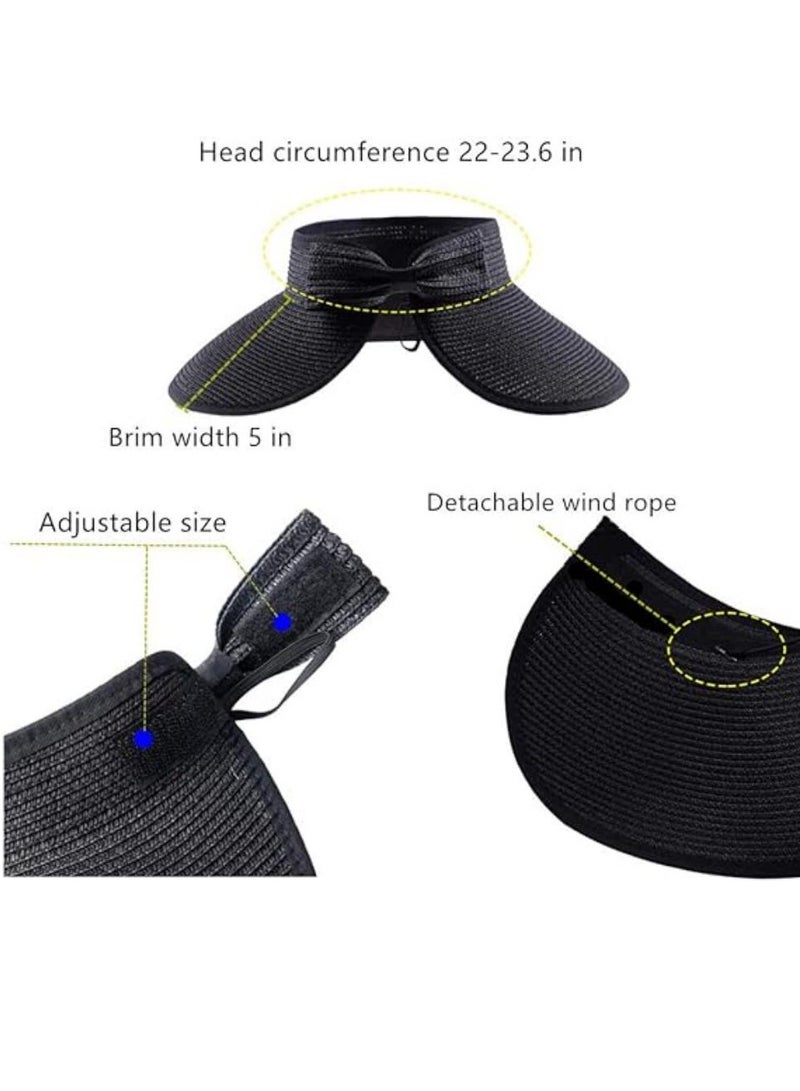 DUNISO Women Sun Visor Hats Beach Foldable Roll Up Wide Brim Bowknot Summer Straw Hat Cap Cruise Wear Black For Womens - Image 3