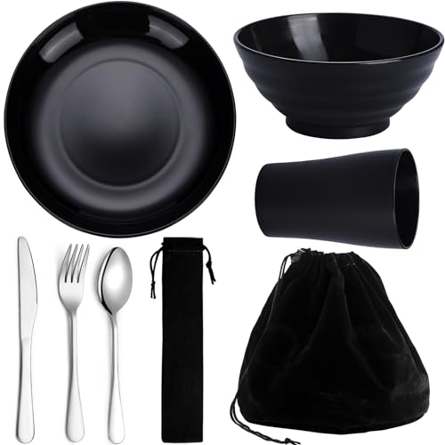 Kyraton Camping Utensils Portable Travel Silverware Set with Reusable Light Weight Mug Bowls and Plate Stainless Steel Cutlery Set Camping Mess Kit for 1 Person - Image 1
