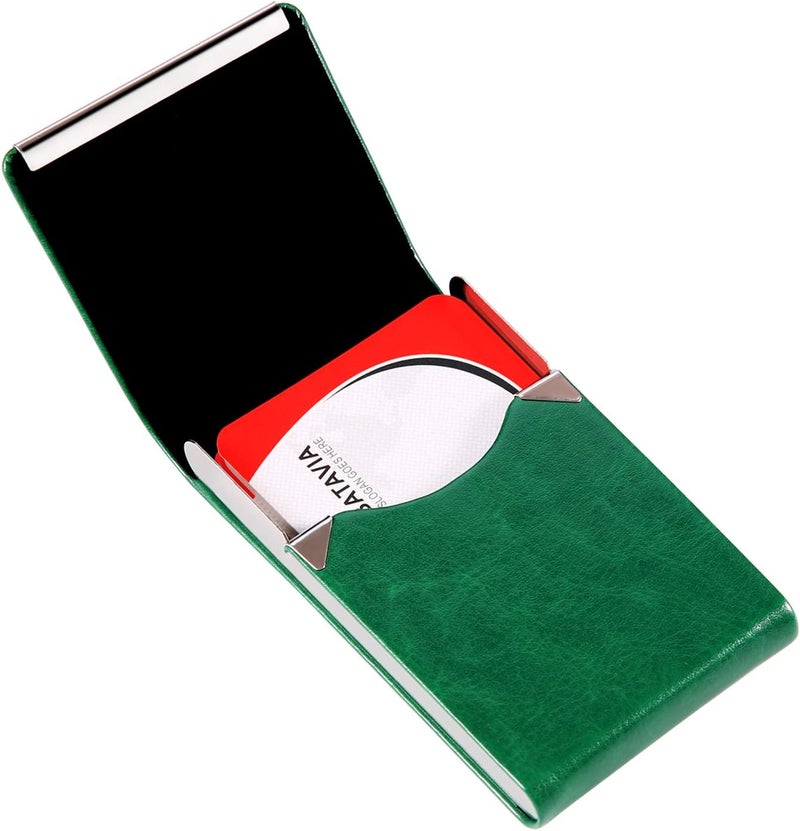 JuneLsy Business Card Holder Case - Professional PU Leather Metal Name Card Holder Pocket Business Card Carrier for Men & Women with Magnetic Shut (S-Dark green) - Image 4