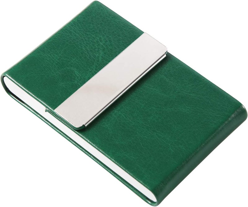 JuneLsy Business Card Holder Case - Professional PU Leather Metal Name Card Holder Pocket Business Card Carrier for Men & Women with Magnetic Shut (S-Dark green) - Image 1
