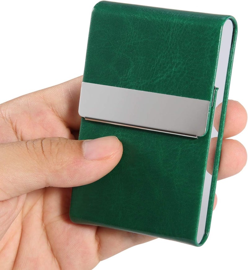 JuneLsy Business Card Holder Case - Professional PU Leather Metal Name Card Holder Pocket Business Card Carrier for Men & Women with Magnetic Shut (S-Dark green) - Image 3