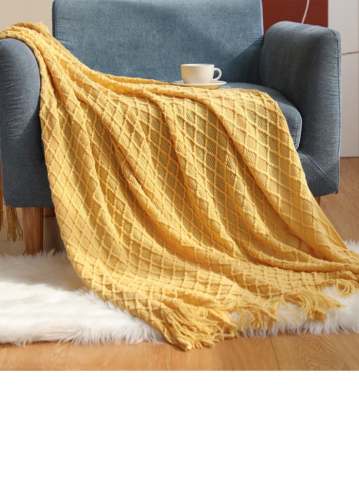 Loquat Tassel Design Geometrical Pattern Knitted Soft Throw Blanket Keep Warm Yellow - Image 1