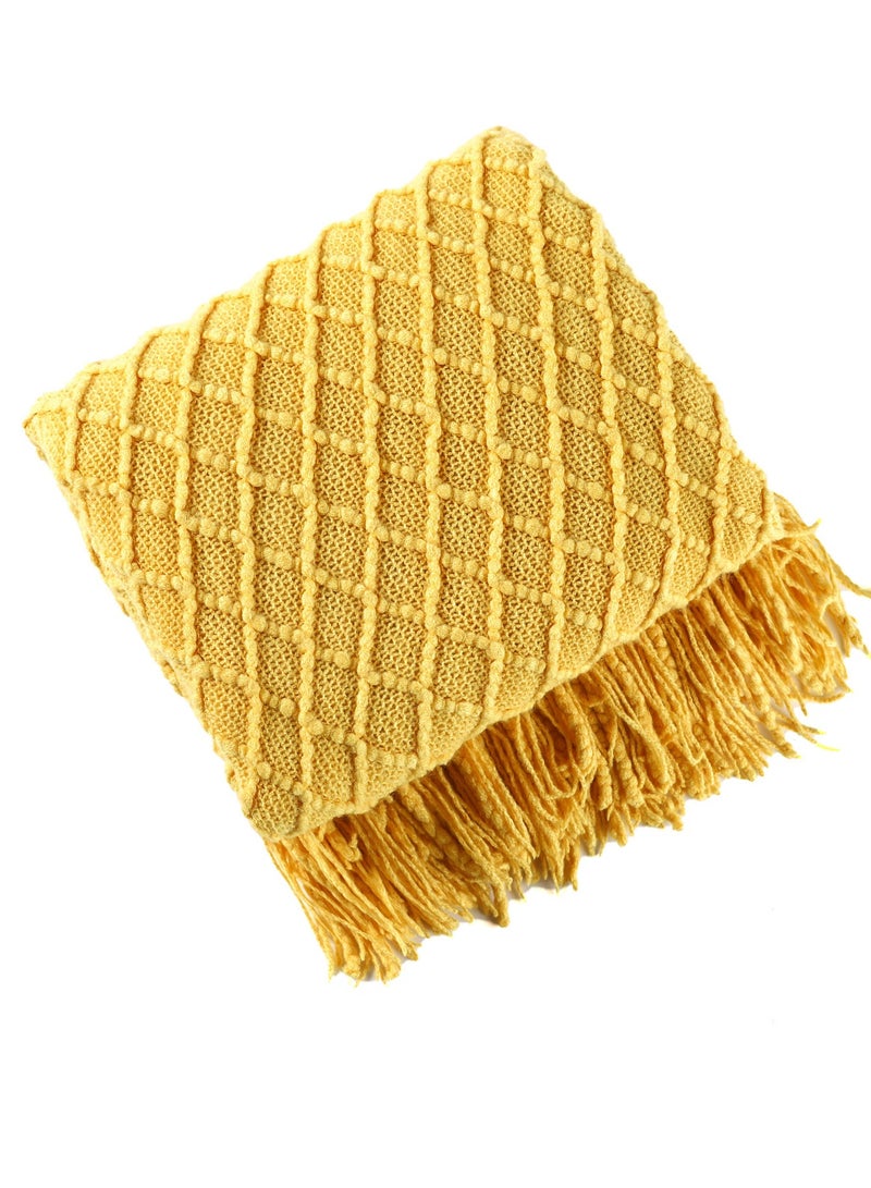 Loquat Tassel Design Geometrical Pattern Knitted Soft Throw Blanket Keep Warm Yellow - Image 3
