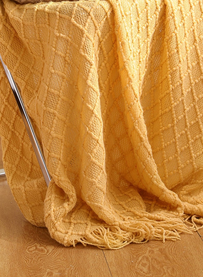 Loquat Tassel Design Geometrical Pattern Knitted Soft Throw Blanket Keep Warm Yellow - Image 2