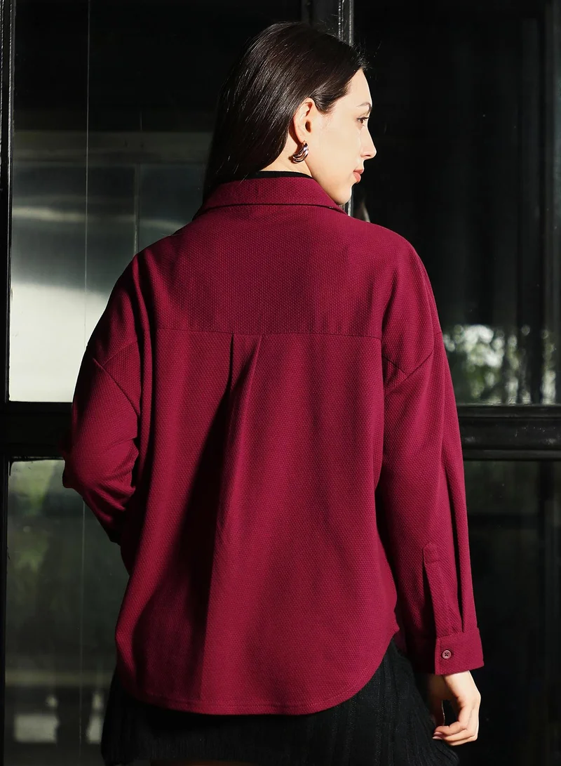 Pinacolada  Women's Cherry Red Canvas-Jacquard Oversized Shirt for Women | Best Price UAE