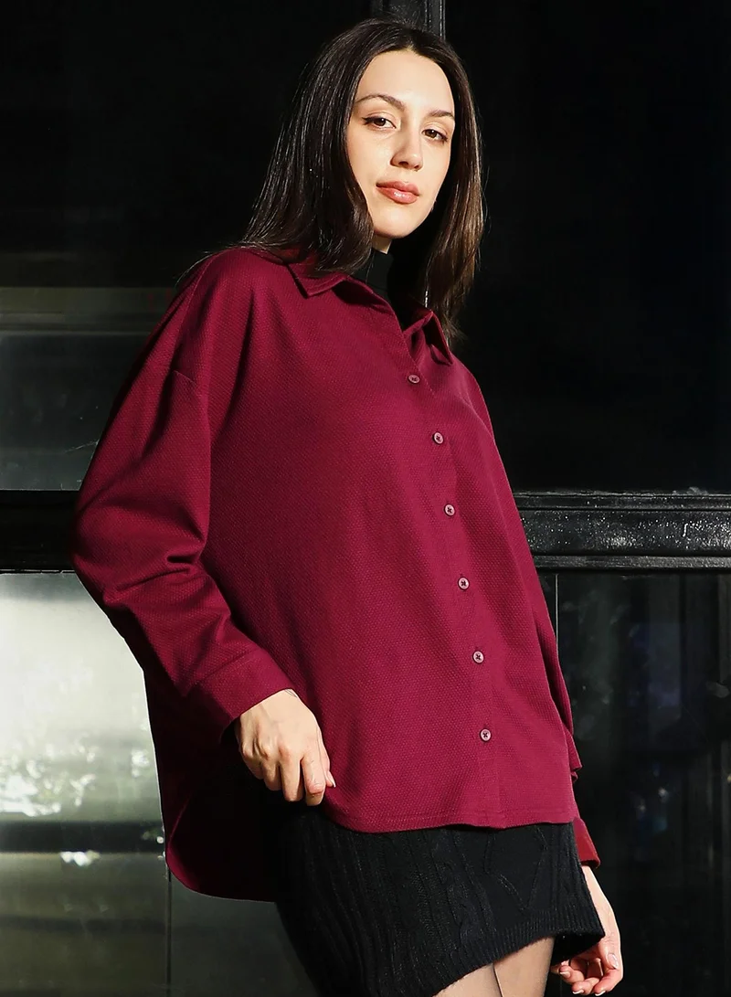 Pinacolada  Women's Cherry Red Canvas-Jacquard Oversized Shirt for Women | Best Price UAE