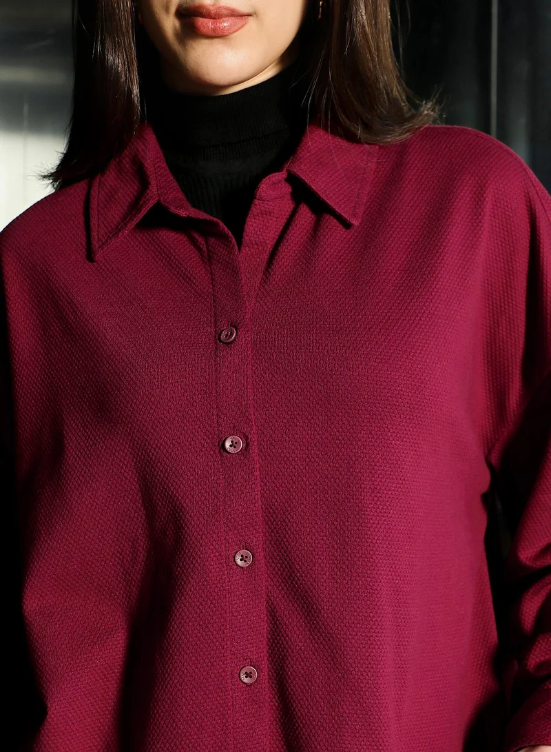 Pinacolada  Women's Cherry Red Canvas-Jacquard Oversized Shirt for Women | Best Price UAE