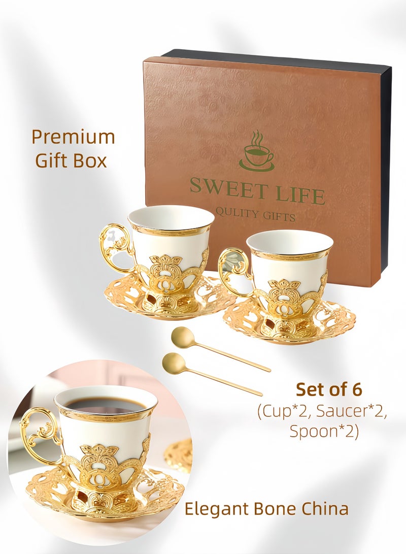 مجموعة فنجانين قهوة سيراميك مع أطباق وملاعق، مجموعة فناجين إسبريسو وأنيقة للشاي لمنزل والمكتب، مجموعة هدايا فاخرة في صندوق مميز - Image 1