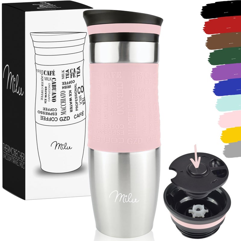 Milu Travel Mug 370ml 450ml  Insulated Coffee Cup to go  100 Leak Proof  Stainless Steel Drinking Mug  Car Mug Double Wall Insulation Thermo Coffee Flask Pink 450ml