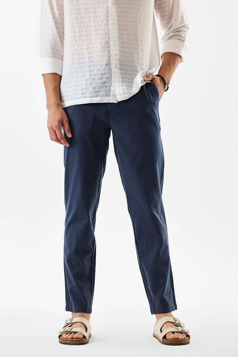 سنيتش Navy Blue Textured Slim Fit Casual Trousers