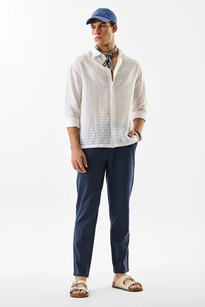 سنيتش Navy Blue Textured Slim Fit Casual Trousers