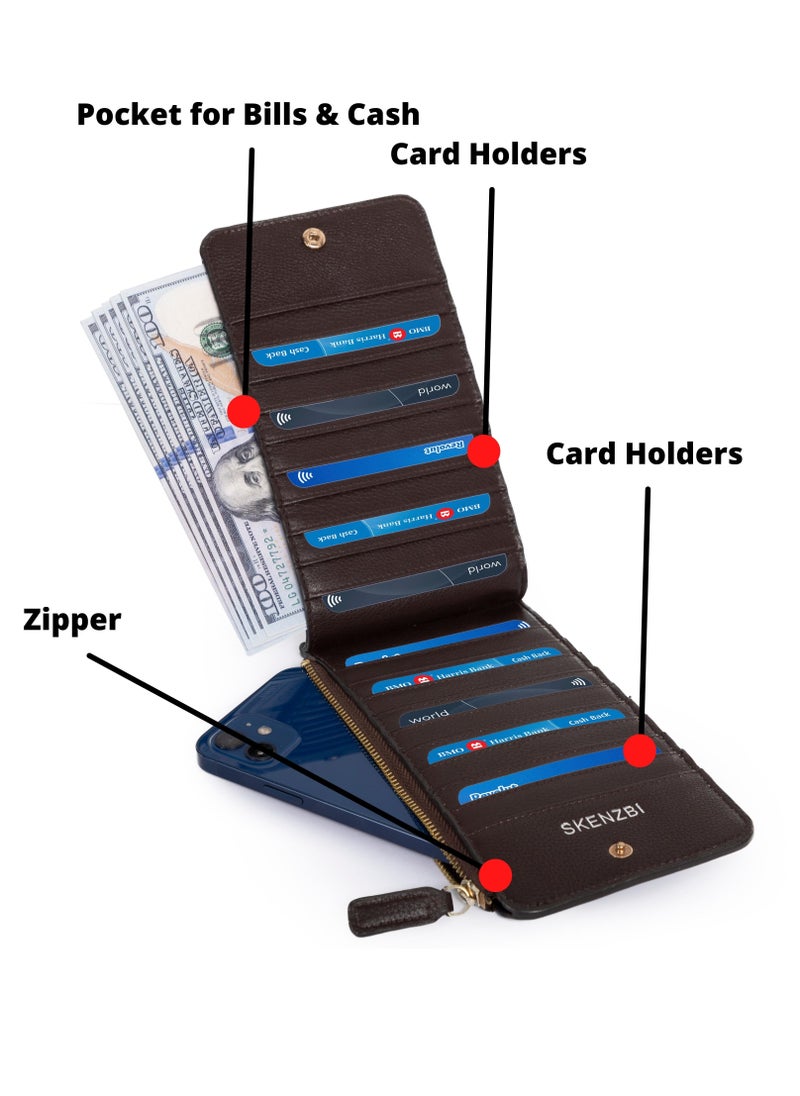 SKENZBI - Women's Wallet  RFID Blocking Leather Multi Card Organizer with Zipper Pocket Brown - Image 1