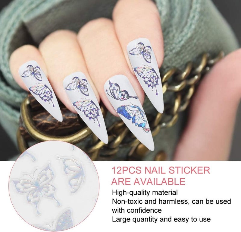 Butterflies Pattern Nail Art Stickers, with Silver and Gold Colors, 12 Pieces for DIY Manicure and Salon Use, Made of PP Material (Laser Silver Butterfly Sticker L01) - Image 2