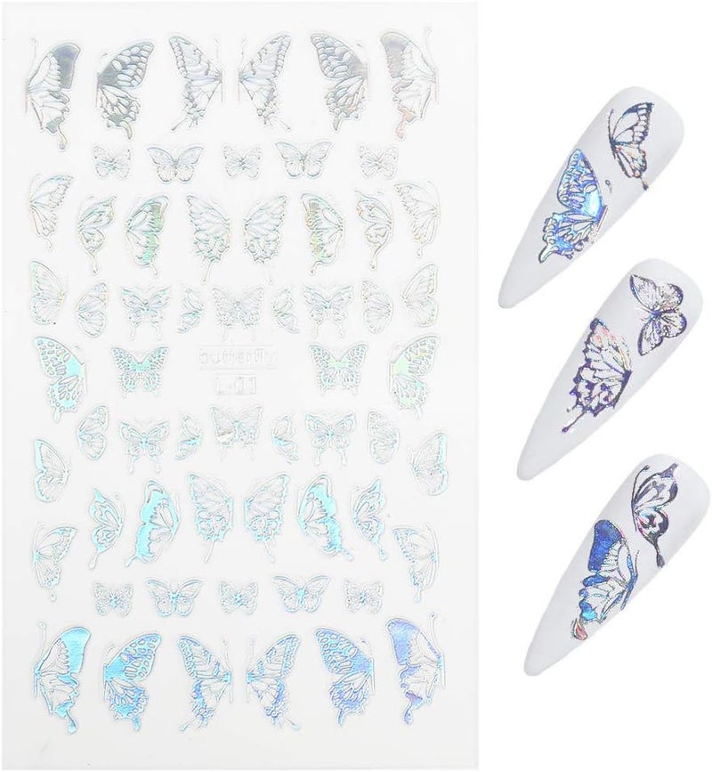 Butterflies Pattern Nail Art Stickers, with Silver and Gold Colors, 12 Pieces for DIY Manicure and Salon Use, Made of PP Material (Laser Silver Butterfly Sticker L01) - Image 1