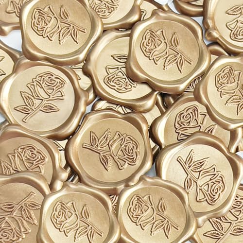 Pilloze 50 Pcs Gold Rose Wax Seal Stickers, Rose Envelope Wax Seal, Wedding Invitation Accessories, Easy to Use Gold Envelope Stickers with Good Adhesion - Image 1