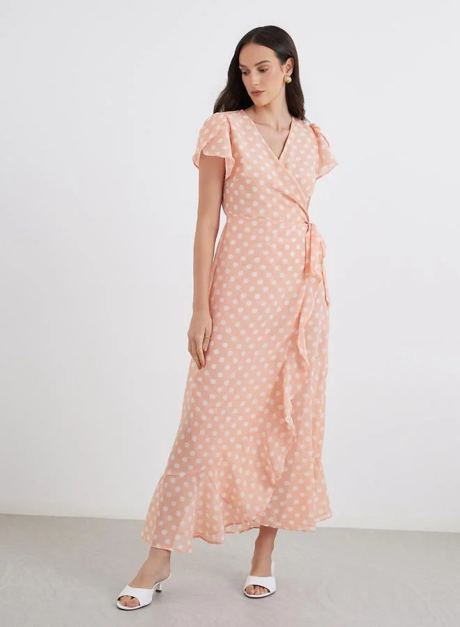 Maxim Creation Maxim Creation Peach Polka Dot Wrap Maxi Dress