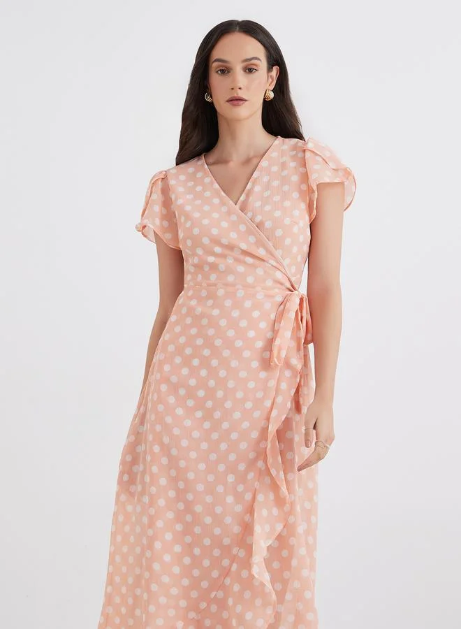 مكسيم كريشن Maxim Creation Peach Polka Dot Wrap Maxi Dress