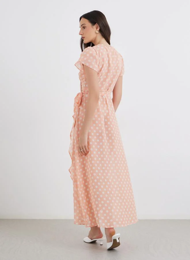 Maxim Creation Maxim Creation Peach Polka Dot Wrap Maxi Dress