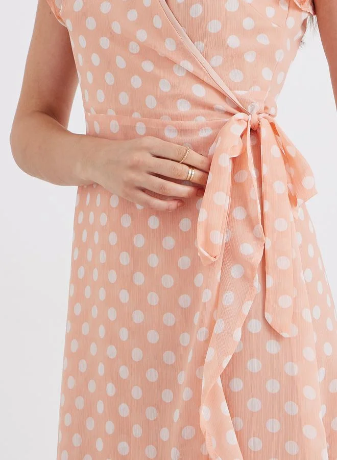Maxim Creation Maxim Creation Peach Polka Dot Wrap Maxi Dress