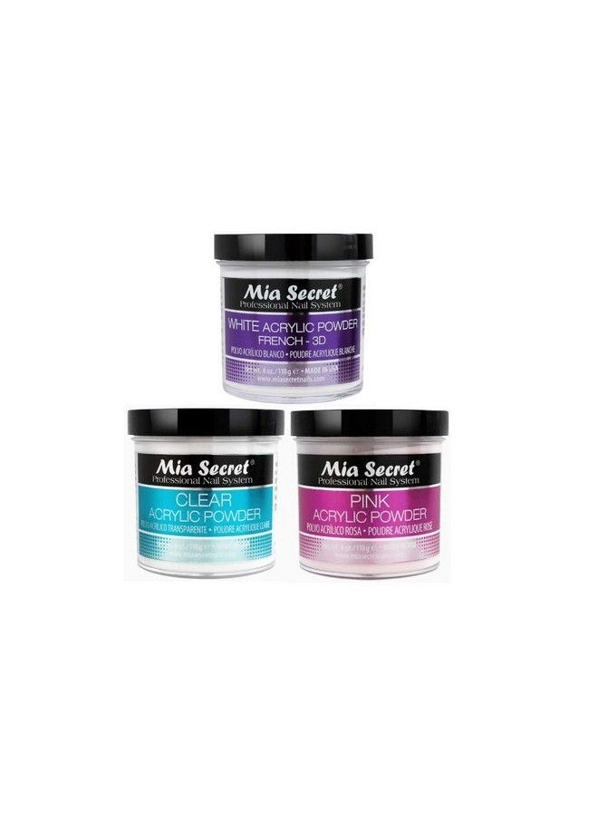 MIA SECRET 4 Oz Acrylic Powder 3Pc Set Pink Clear & White Made In Usa  - Image 2