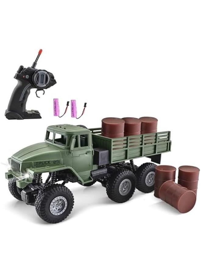 شاحنة عسكرية RC، مقياس 1:16، سيارة تحكم عن بُعد 6WD، سيارة زحف خارج الطريق، سيارات جيش RC مع إضاءة LED و2 بطارية، شاحنة عسكرية RC لجميع الأراضي للأطفال والبالغين - Image 1