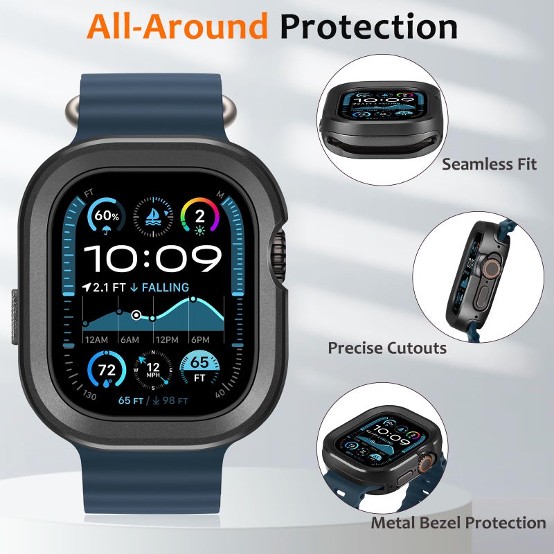 Amizee 2 in 1 Metal Rugged Case Compatible with Apple Watch Ultra 3/2/1 Case 49mm, Aluminum Shockproof Protective Bumper Cover for iWatch 49mm, Black - Image 3