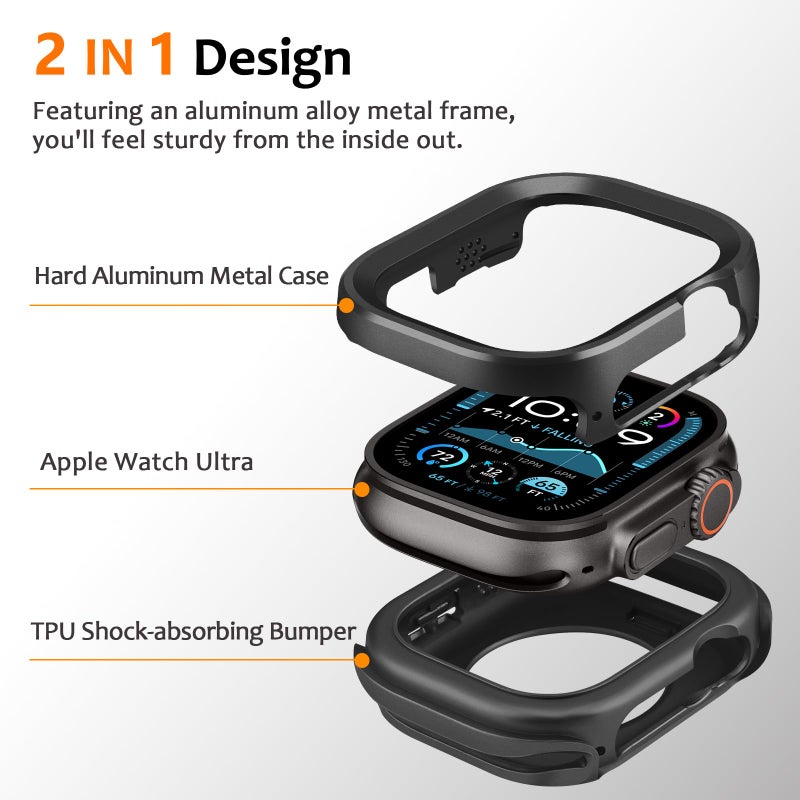 Amizee 2 in 1 Metal Rugged Case Compatible with Apple Watch Ultra 3/2/1 Case 49mm, Aluminum Shockproof Protective Bumper Cover for iWatch 49mm, Black - Image 2