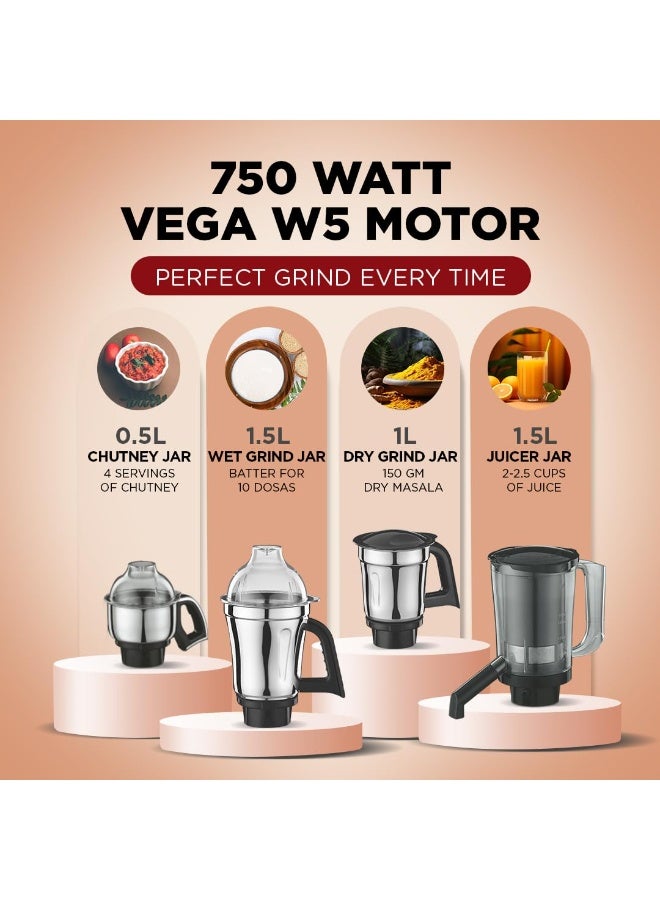 Zodiac Preethi Zodiac MG-218 mixer grinder, 750 watt, Black/Light Grey, 5 jars - 3 In 1 insta fresh juicer Jar & Master chef food processor Jar, Vega W5 motor with 5yr Warranty & Lifelong Free Service - Image 4