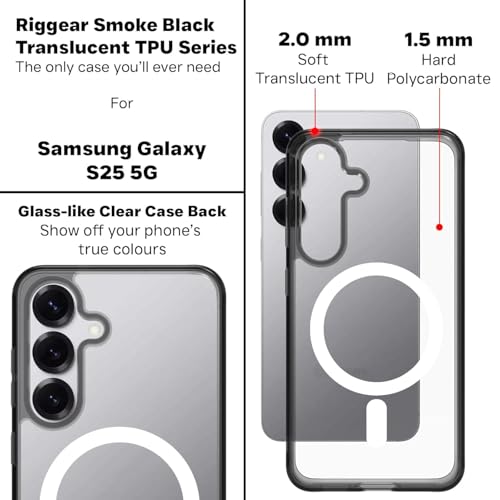 RIGGEAR Shockproof Clear Hybrid Armor Magnetic Back Cover Case Compatible with MagSafe Accessories for Samsung Galaxy S25 (Clear-Black Bumper and Transparent PC)(White) - Image 3