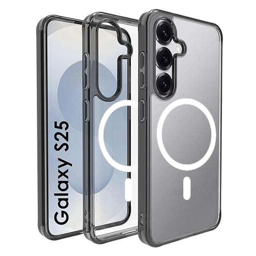 RIGGEAR Shockproof Clear Hybrid Armor Magnetic Back Cover Case Compatible with MagSafe Accessories for Samsung Galaxy S25 (Clear-Black Bumper and Transparent PC)(White) - Image 1