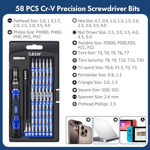 Tukzer 62 in 1 Precision Screwdriver Set, Chrome Vanadium Steel,Repair Tool Kit with Magnetic Steel Bits, Extension Rod, Flexible Shaft for Smartphones, Laptops, Watch, ipad, Tablets, Camera-Blue - Image 2