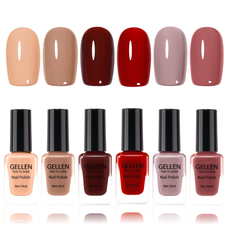 GELLEN Nail Polish Set, Nude Red Brown Quick Dry Traditional Regular Nail Polish Fall Winter 6 Colors Set for Finger Toe & Acrylic Fake Nails Home Salon, Non UV Gel, TPO HEMA Free, Non-toxic - Image 1