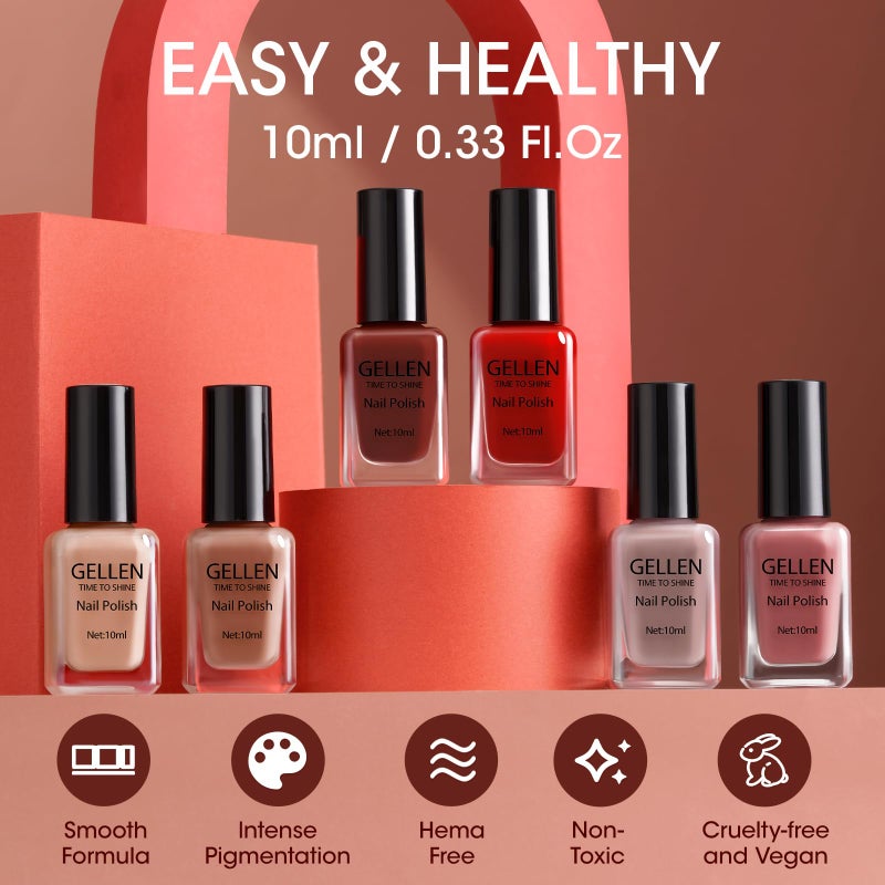 GELLEN Nail Polish Set, Nude Red Brown Quick Dry Traditional Regular Nail Polish Fall Winter 6 Colors Set for Finger Toe & Acrylic Fake Nails Home Salon, Non UV Gel, TPO HEMA Free, Non-toxic - Image 5