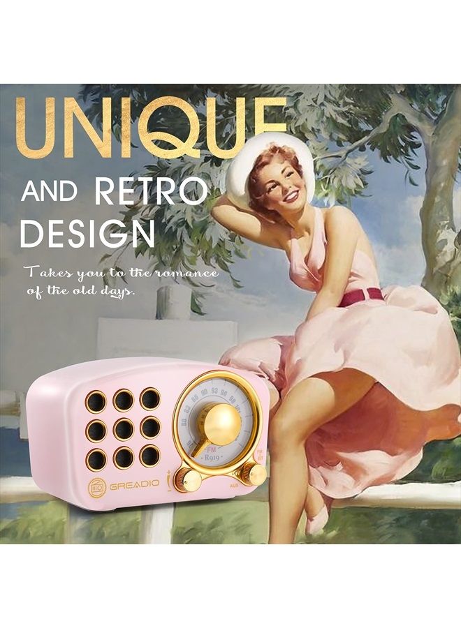 Greadio Retro Bluetooth Speaker, Vintage Radio-Greadio FM Radio with Old Fashioned Classic Style, Strong Bass Enhancement, Loud Volume, Bluetooth 5.0 Wireless Connection, TF Card and MP3 Player (Pink) - Image 3