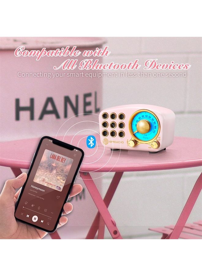 Greadio Retro Bluetooth Speaker, Vintage Radio-Greadio FM Radio with Old Fashioned Classic Style, Strong Bass Enhancement, Loud Volume, Bluetooth 5.0 Wireless Connection, TF Card and MP3 Player (Pink) - Image 4