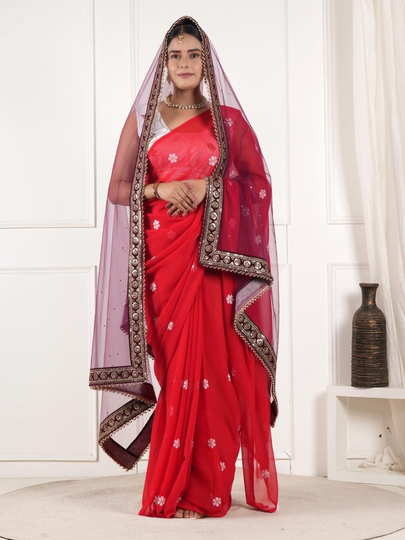 A R Silk DUPATTA HUB Women's Stone Work Net Dupatta With Zari Embroidered Work With 4 Sides Moti Lace Wine Fancy and Bridal Dupatta(ARS01202) - Image 2