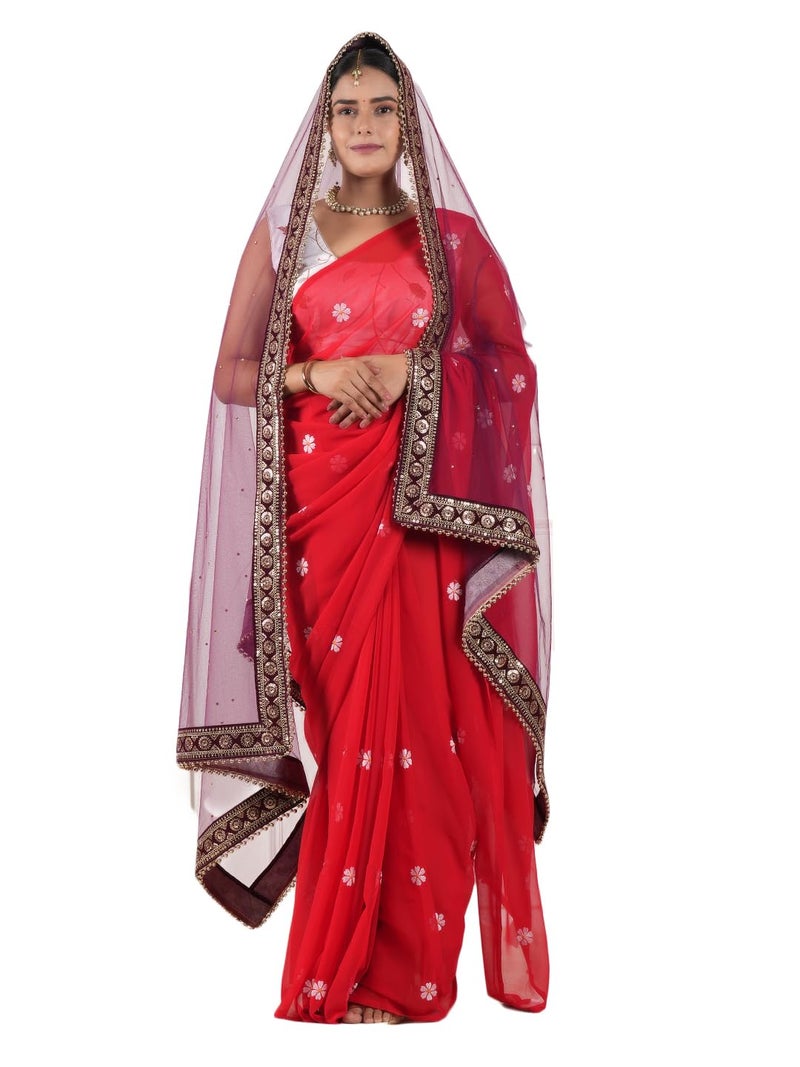 A R Silk DUPATTA HUB Women's Stone Work Net Dupatta With Zari Embroidered Work With 4 Sides Moti Lace Wine Fancy and Bridal Dupatta(ARS01202) - Image 1