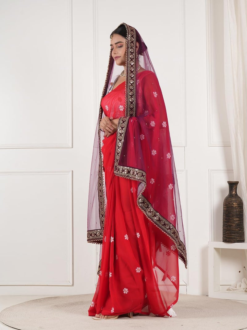 A R Silk DUPATTA HUB Women's Stone Work Net Dupatta With Zari Embroidered Work With 4 Sides Moti Lace Wine Fancy and Bridal Dupatta(ARS01202) - Image 4