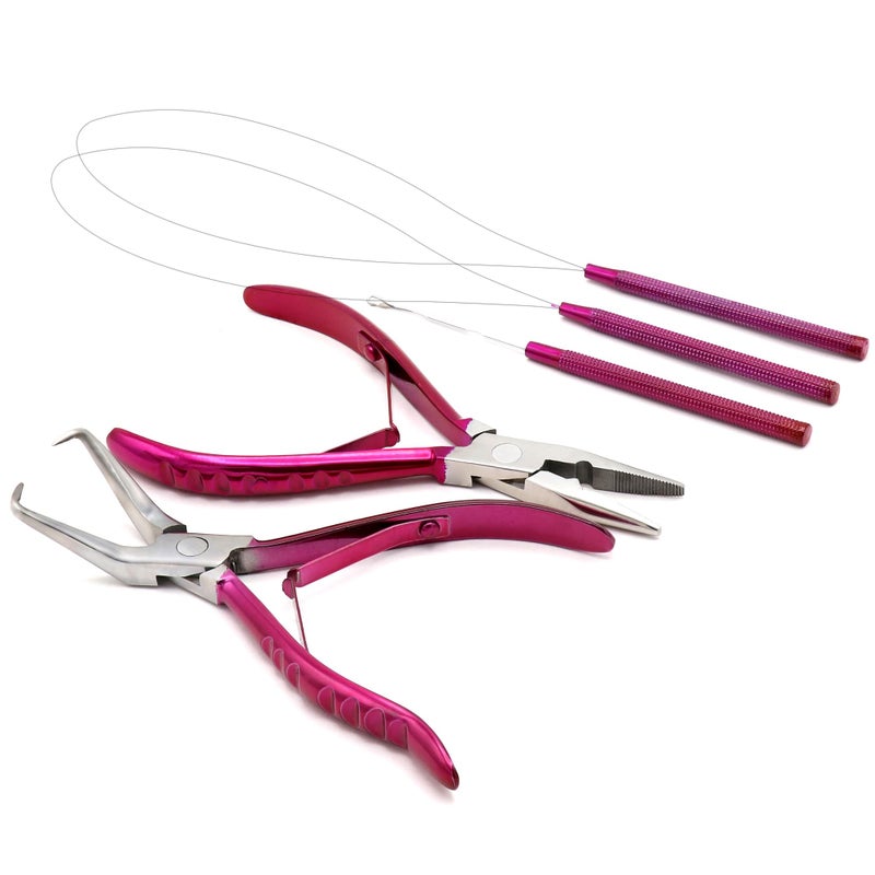 G4 VISION Professional Hair Extension & Beading Tool Kit Remove Plier Set for beads (4 Piece) I-Link Micro Ring Loop Needle Pulling Hook Threader Wire for Silicone Rings (Shocking Pink) - Image 1