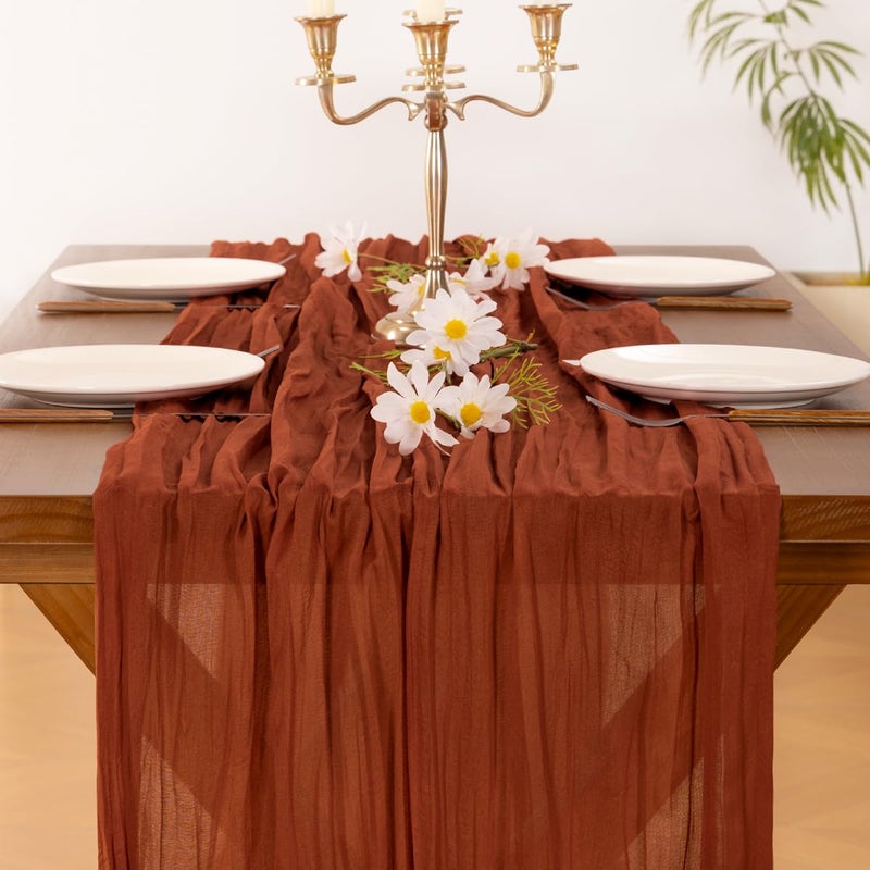 Socomi Thanksgiving Fall Table Runner Terracotta Cheesecloth Gauze Burnt Orange Boho Rustic Farmhouse 120 inch 10FT Cheese Cloth Runner for Wedding Party Baby Shower Home Decor Holiday Decorations - Image 5