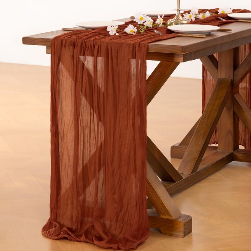 Socomi Thanksgiving Fall Table Runner Terracotta Cheesecloth Gauze Burnt Orange Boho Rustic Farmhouse 120 inch 10FT Cheese Cloth Runner for Wedding Party Baby Shower Home Decor Holiday Decorations - Image 4