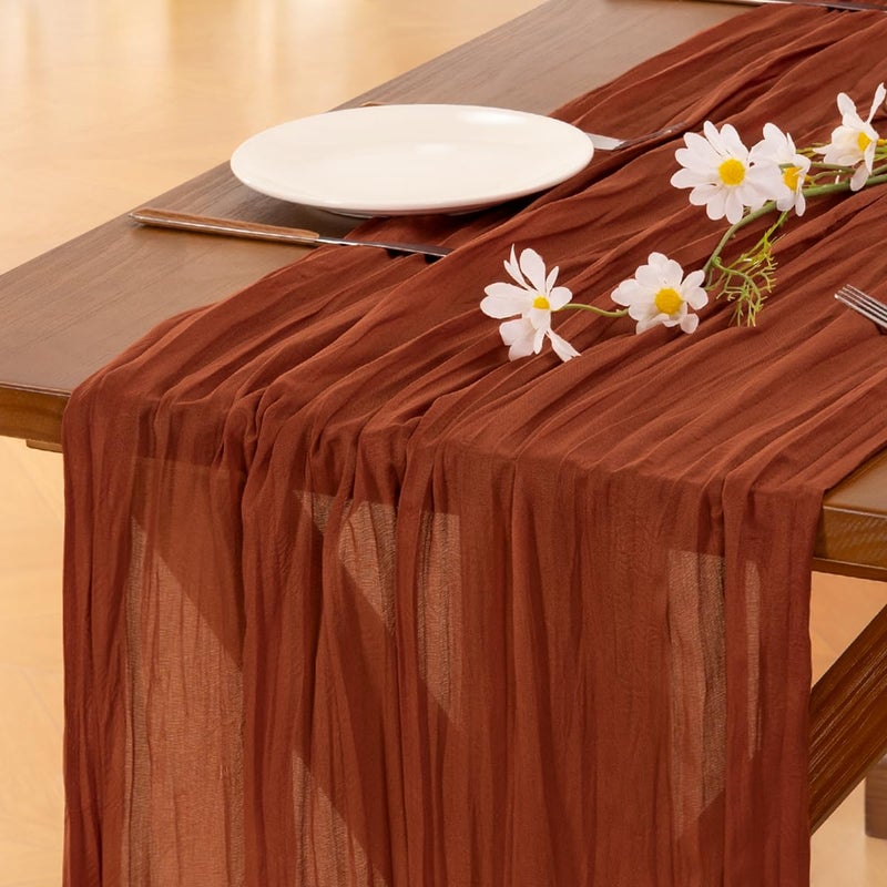 Socomi Thanksgiving Fall Table Runner Terracotta Cheesecloth Gauze Burnt Orange Boho Rustic Farmhouse 120 inch 10FT Cheese Cloth Runner for Wedding Party Baby Shower Home Decor Holiday Decorations - Image 1