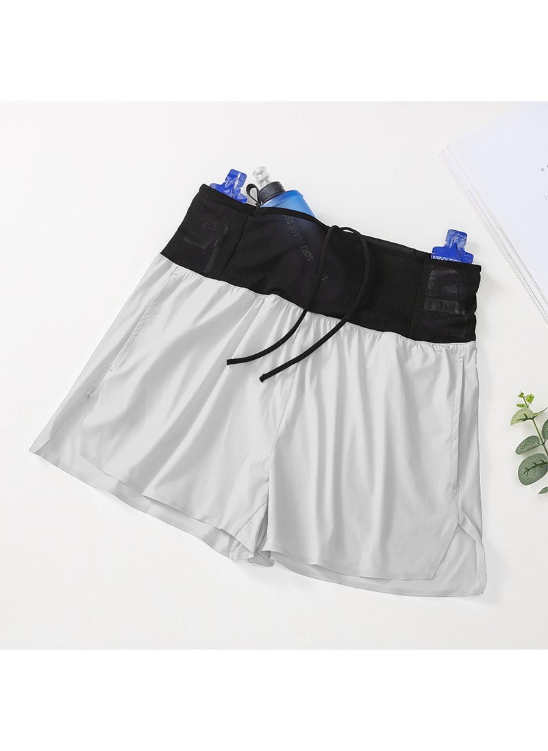 Mens High Waist Running Shorts Quick-Dry Marathon Training Silver White  - Image 1