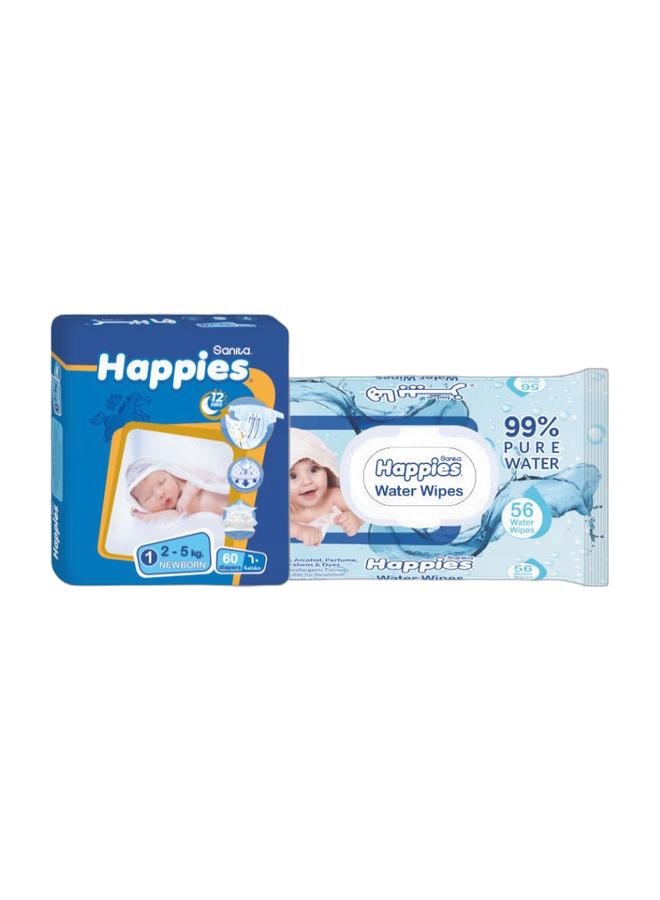 هابيس حفاضات اطفال حديثي الولاده (مقاس 1) 60 حفاضة + منادبل مبللة 56 منديل - Image 1
